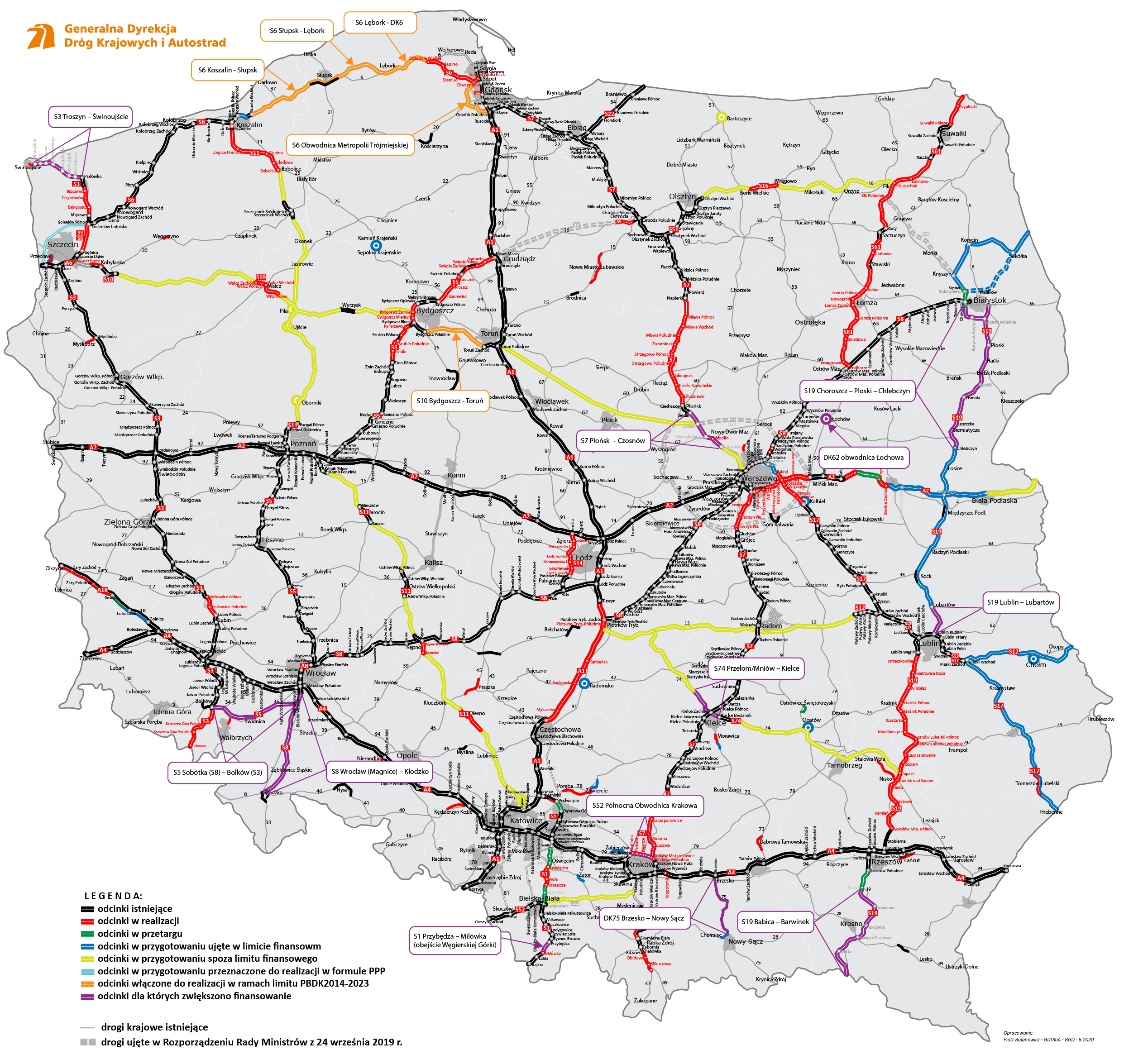 Mapa Polski z dodatkowym dofinansowaniem Programu Budowy Dróg Krajowych 2022-25